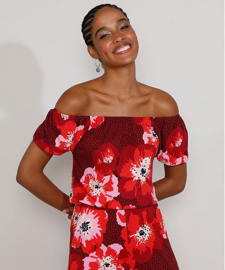 Blusa-Feminina-Ombro-a-Ombro-Estampada-Floral-Manga-Curta-Vermelha-Escuro-9976185-Vermelho_Escuro_1
