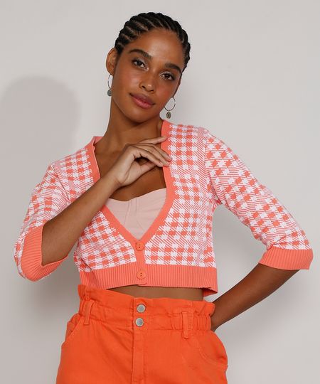 Cardigan-Feminino-de-Trico-Estampado-Xadrez-Vichy-Cropped-Manga-3-4-Decote-V-Coral-9972541-Coral_1
