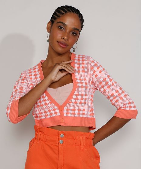 Cardigan-Feminino-de-Trico-Estampado-Xadrez-Vichy-Cropped-Manga-3-4-Decote-V-Coral-9972541-Coral_1