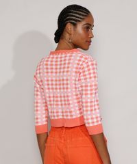 Cardigan-Feminino-de-Trico-Estampado-Xadrez-Vichy-Cropped-Manga-3-4-Decote-V-Coral-9972541-Coral_2