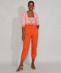 Cardigan-Feminino-de-Trico-Estampado-Xadrez-Vichy-Cropped-Manga-3-4-Decote-V-Coral-9972541-Coral_3