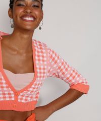 Cardigan-Feminino-de-Trico-Estampado-Xadrez-Vichy-Cropped-Manga-3-4-Decote-V-Coral-9972541-Coral_4
