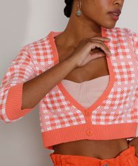 Cardigan-Feminino-de-Trico-Estampado-Xadrez-Vichy-Cropped-Manga-3-4-Decote-V-Coral-9972541-Coral_5