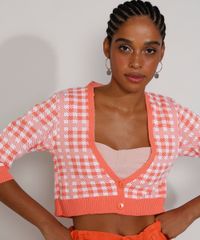 Cardigan-Feminino-de-Trico-Estampado-Xadrez-Vichy-Cropped-Manga-3-4-Decote-V-Coral-9972541-Coral_6