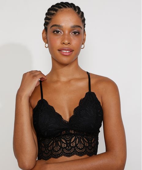 Sutiã Triângulo Cropped Renda com Bojo Removível Preto