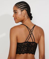 Sutiã Triângulo Cropped Renda com Bojo Removível Preto Costas