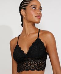 Sutiã Triângulo Cropped Renda com Bojo Removível Preto Frente