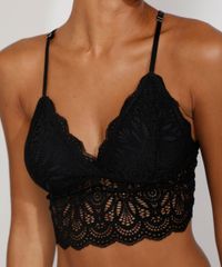 Sutiã Triângulo Cropped Renda com Bojo Removível Preto Detalhes