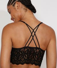 Sutiã Triângulo Cropped Renda com Bojo Removível Preto Costas