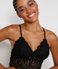 Sutiã Triângulo Cropped Renda com Bojo Removível Preto