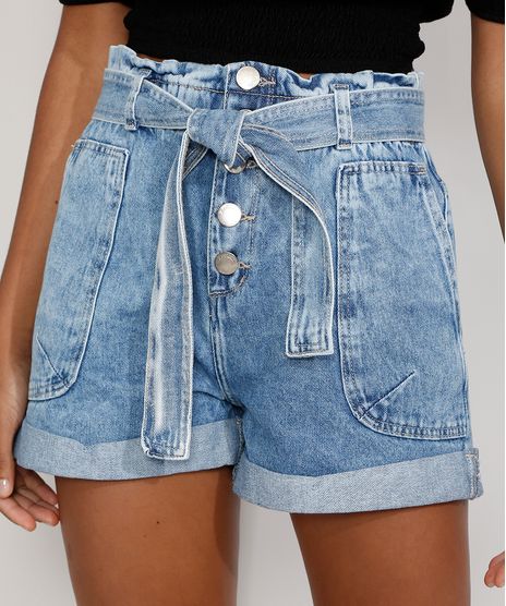 Short-Jeans-Feminino-Cintura-Alta-Clochard-Marmorizado-com-Botoes-e-Faixa-para-Amarrar-Azul-Claro-9983325-Azul_Claro_1
