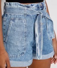 Short-Jeans-Feminino-Cintura-Alta-Clochard-Marmorizado-com-Botoes-e-Faixa-para-Amarrar-Azul-Claro-9983325-Azul_Claro_5