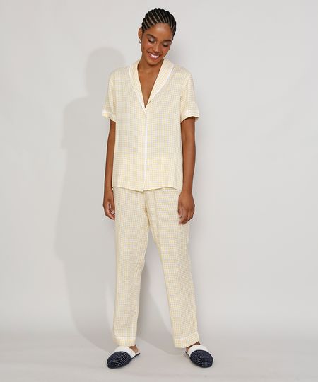 Pijama-Feminino-Xadrez-Camisa-Estampado-Vichy-com-Vivo-Contrastante-Manga-Curta-Amarelo-9970141-Amarelo_1