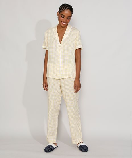 Pijama-Feminino-Xadrez-Camisa-Estampado-Vichy-com-Vivo-Contrastante-Manga-Curta-Amarelo-9970141-Amarelo_1