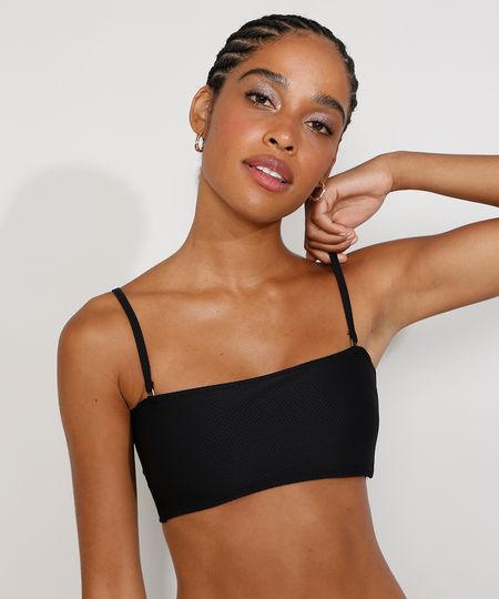 Biquíni Top Faixa com Bojo e Alça Removíveis Texturizado Proteção UV50+ Preto - M Menor preço em Biquíni Top Faixa com Bojo e Alça Removíveis Texturizado Proteção UV50+ Preto - M