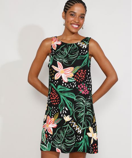 Vestido-Feminino-Curto-Estampado-Floral-Tropical-Sem-Manga-Preto-9975338-Preto_1