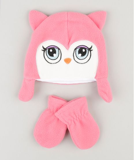 Kit-de-Gorro-Infantil-Coruja-com-Orelhinhas---Luva-em-Fleece-Rosa-Escuro-8490533-Rosa_Escuro_1