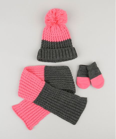 Kit-de-Gorro-Infantil-com-Barra-Dobrada-e-Pompom---Luva---Cachecol-Listrado-em-Trico-Rosa-Escuro-8864978-Rosa_Escuro_1
