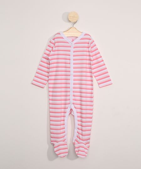 Macacão Infantil Manga Longa Listrado com Pezinho Rosa Claro - 6-9 Menor preço em Macacão Infantil Manga Longa Listrado com Pezinho Rosa Claro - 6-9