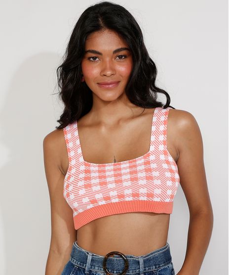 Top-Cropped-de-Trico-Feminino-Estampado-Xadrez-Vichy-Alca-Larga-Decote-Redondo-Coral-9972540-Coral_1