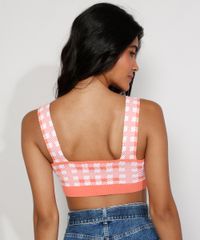 Top-Cropped-de-Trico-Feminino-Estampado-Xadrez-Vichy-Alca-Larga-Decote-Redondo-Coral-9972540-Coral_2