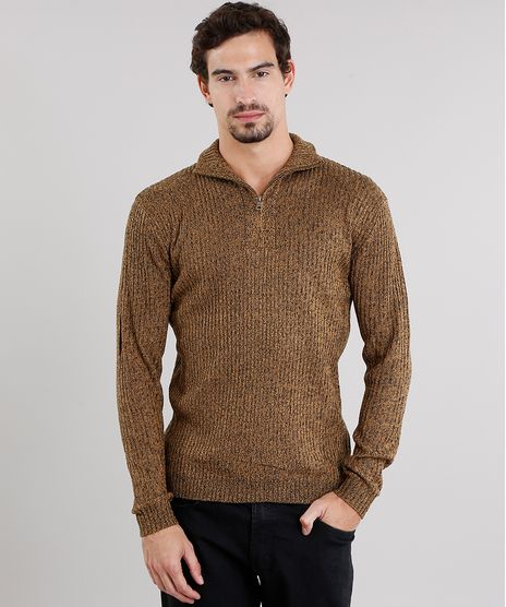 Sueter-Masculino-Gola-Alta-com-Ziper-em-Trico-Mescla-Caramelo-8850234-Caramelo_1