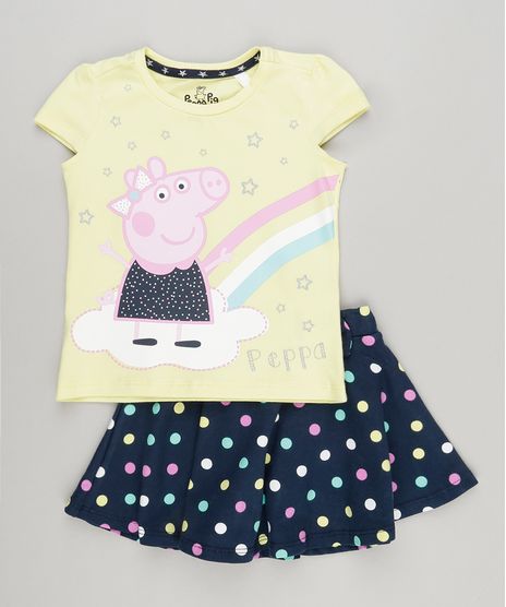 Conjunto-Infantil-de-Blusa-Peppa-Pig-Manga-Curta-Amarela---Short-Saia-Estampado-de-Poa-com-Laco-em-Algodao---Sustentavel-Azul-Marinho-9079359-Azul_Marinho_1