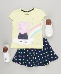 Conjunto-Infantil-de-Blusa-Peppa-Pig-Manga-Curta-Amarela---Short-Saia-Estampado-de-Poa-com-Laco-em-Algodao---Sustentavel-Azul-Marinho-9079359-Azul_Marinho_3