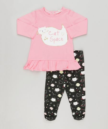 Conjunto-Infantil-de-Blusa-com-Babado-Manga-Longa-Rosa---Calca-Legging-Estampada-de-Gatinha-em-Algodao---Sustentavel-Preta-8878529-Preto_1