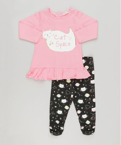 Conjunto-Infantil-de-Blusa-com-Babado-Manga-Longa-Rosa---Calca-Legging-Estampada-de-Gatinha-em-Algodao---Sustentavel-Preta-8878529-Preto_1