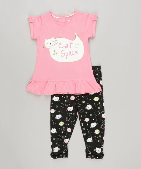 Conjunto-Infantil-de-Blusa-com-Babado-Manga-Curta-Rosa---Calca-Legging-Estampada-de-Gatinha-em-Algodao---Sustentavel-Preta-8880227-Preto_1