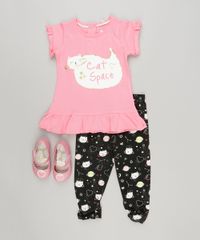 Conjunto-Infantil-de-Blusa-com-Babado-Manga-Curta-Rosa---Calca-Legging-Estampada-de-Gatinha-em-Algodao---Sustentavel-Preta-8880227-Preto_3