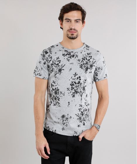 Camiseta Masculina Slim Fit Estampada Floral Manga Curta Gola