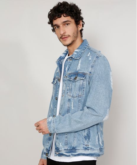 Jaqueta-Jeans-Masculina-Trucker-Destroyed-Marmorizada-com-Bolsos-Azul-Claro-9982039-Azul_Claro_1