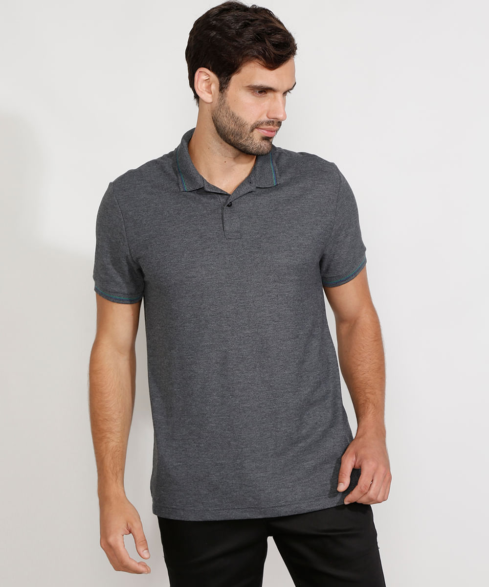 Polo de Piquet Masculina Básica Comfort Manga Curta Cinza Mescla Escuro