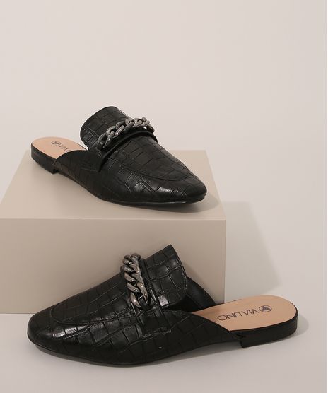 Mule-Feminino-Texturizado-Croco-com-Corrente-Via-Uno-Preto-9983614-Preto_1