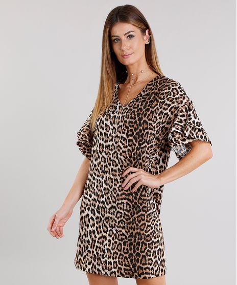 Vestido-Feminino-Amplo-com-Babado-nas-Mangas-Estampado-Animal-Print-Decote-V-Curto-Bege-8915148-Bege_1
