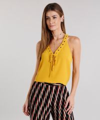 Regata-Feminina-Ampla-com-Ilhos-e-Lace-Up-Texturizada-Decote-V-Amarelo-Escuro-8886649-Amarelo_Escuro_1