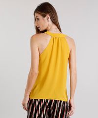 Regata-Feminina-Ampla-com-Ilhos-e-Lace-Up-Texturizada-Decote-V-Amarelo-Escuro-8886649-Amarelo_Escuro_2