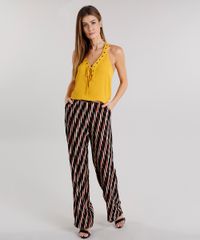 Regata-Feminina-Ampla-com-Ilhos-e-Lace-Up-Texturizada-Decote-V-Amarelo-Escuro-8886649-Amarelo_Escuro_3