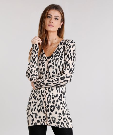 Cardigan-Feminino-Longo-Estampado-Animal-Print-em-Trico-Decote-V-Manga-Longa-Bege-8926742-Bege_1