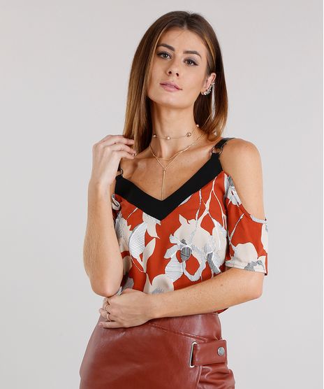 Blusa-Feminina-Open-Shoulder-com-Argola-na-Alca-Estampada-Floral-Manga-Curta-Laranja-Escuro-8886650-Laranja_Escuro_1