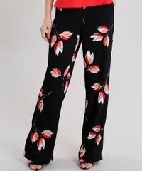 Calca-Feminina-Pantalona-Estampada-Floral-com-Bolsos-Preta-8889692-Preto_1