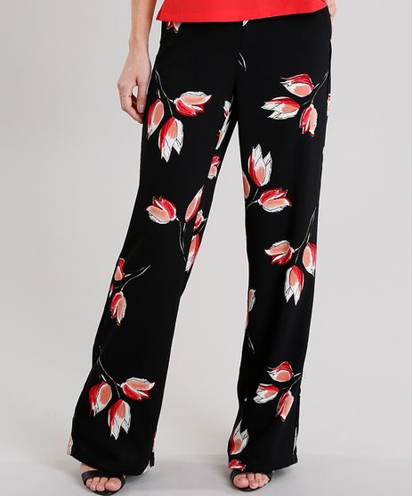 Calca-Feminina-Pantalona-Estampada-Floral-com-Bolsos-Preta-8889692-Preto_1