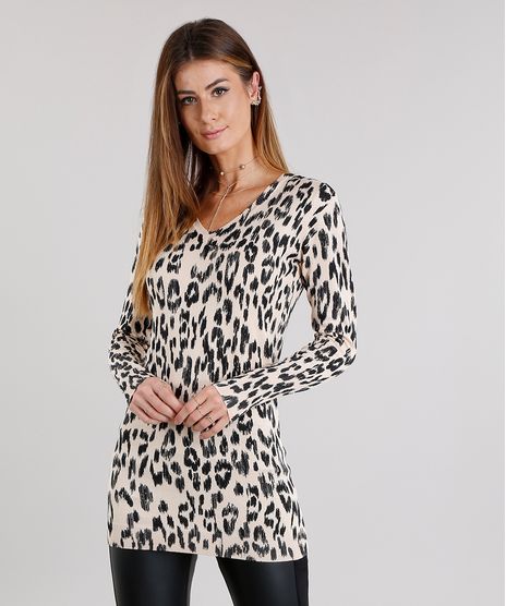 Sueter-Feminino-Longo-Estampado-Animal-Print-em-Trico-Decote-V-Manga-Longa-Bege-8926744-Bege_1