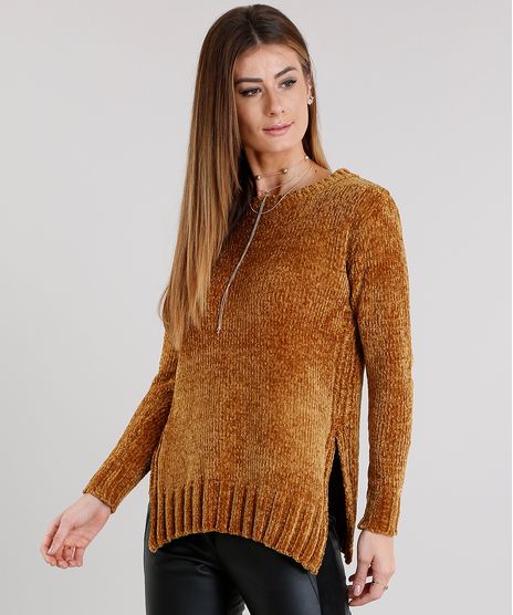 Sueter-Feminino-Longo-em-Trico-de-Chenille-com-Fendas-Manga-Longa-Amarelo-Escuro-8835140-Amarelo_Escuro_1