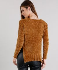 Sueter-Feminino-Longo-em-Trico-de-Chenille-com-Fendas-Manga-Longa-Amarelo-Escuro-8835140-Amarelo_Escuro_2