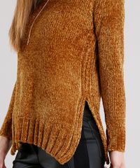 Sueter-Feminino-Longo-em-Trico-de-Chenille-com-Fendas-Manga-Longa-Amarelo-Escuro-8835140-Amarelo_Escuro_4