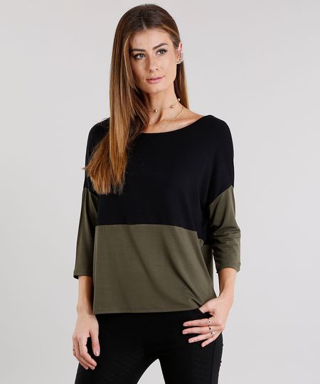 Blusa-Feminina-Bicolor-com-Recorte-Manga-Curta-Decote-Redondo-Verde-Militar-9119297-Verde_Militar_1