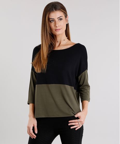 Blusa-Feminina-Bicolor-com-Recorte-Manga-Curta-Decote-Redondo-Verde-Militar-9119297-Verde_Militar_1
